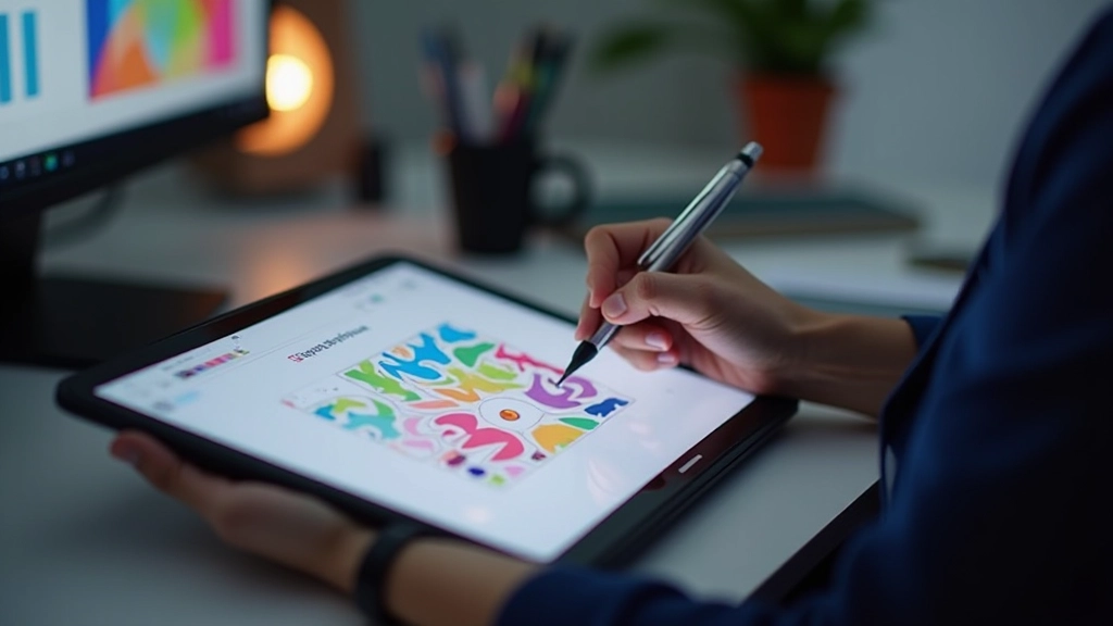 デザイナーがタブレットの上でSVGパスを描いている様子、ペンツールとカラーパレットが見える