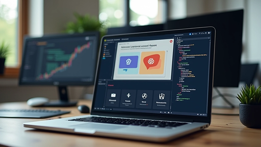 GreenSock、Anime.js、Framer Motionのロゴが表示されたパソコン画面、モダンなワークスペース、クリーンな背景、シャープなフォーカス